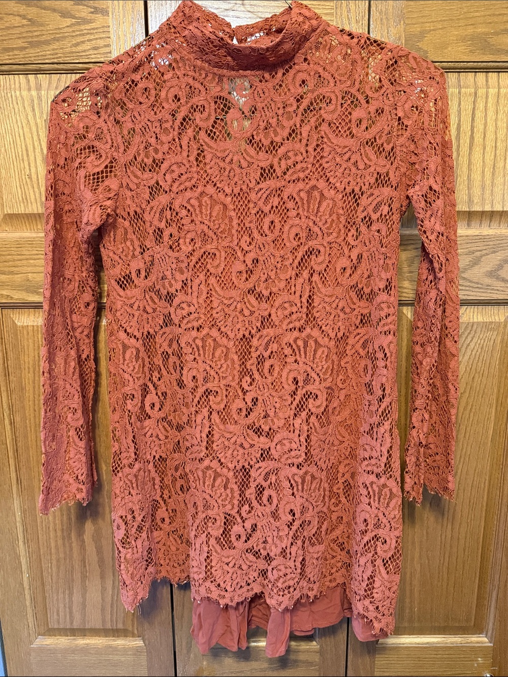 Lace Long-Sleeve Mock Neck Top - Rust/Size: Medium